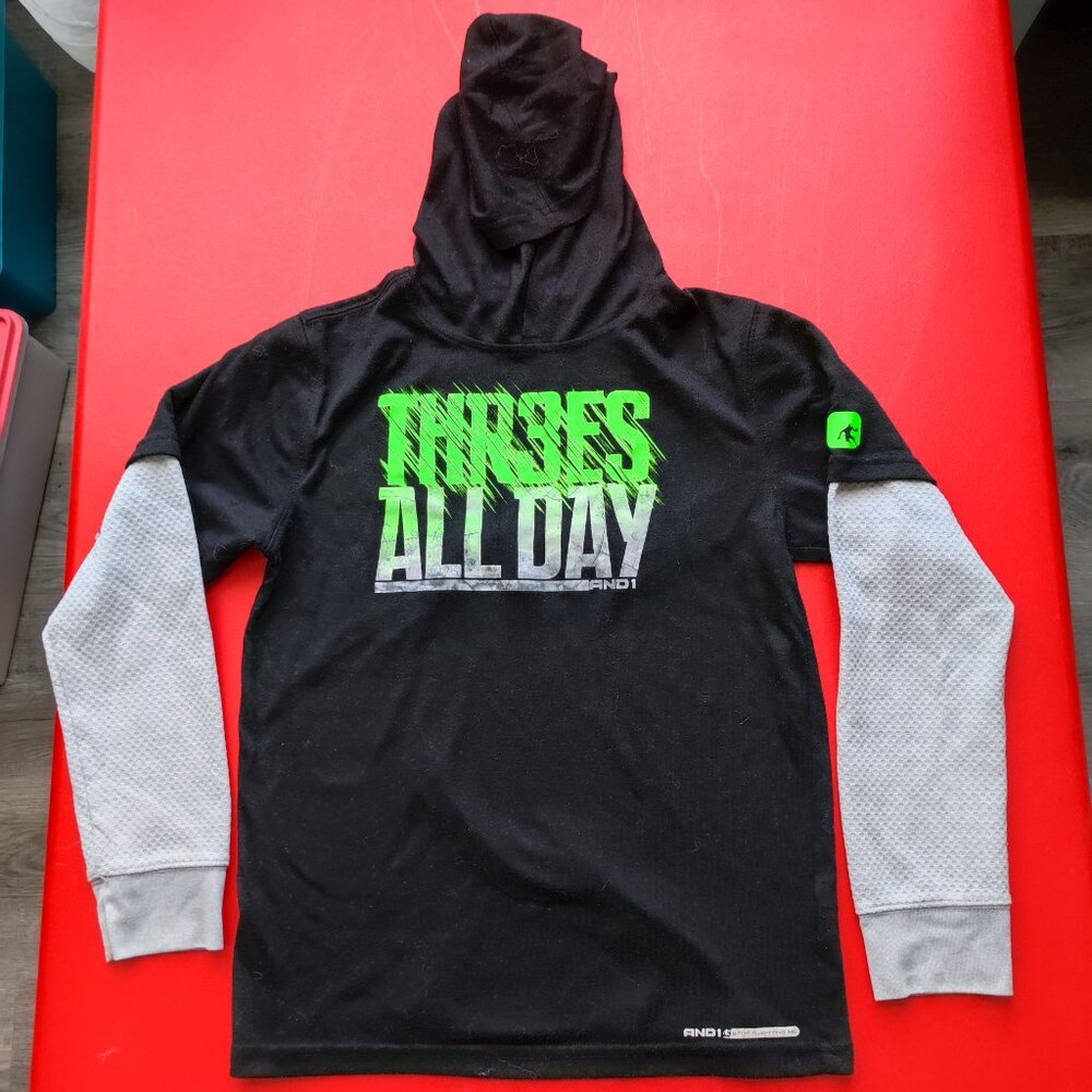 AND1 hoodie lightweight black grey graphic design boy's size L